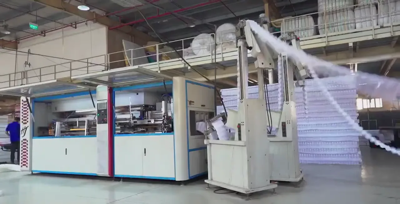 Pocket spring units coming off the spring machine on the bedding line