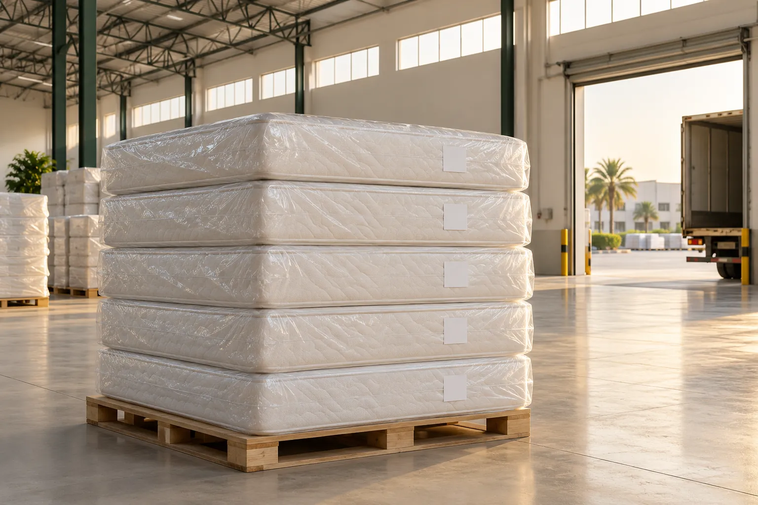 Plain wrapped mattresses on a pallet