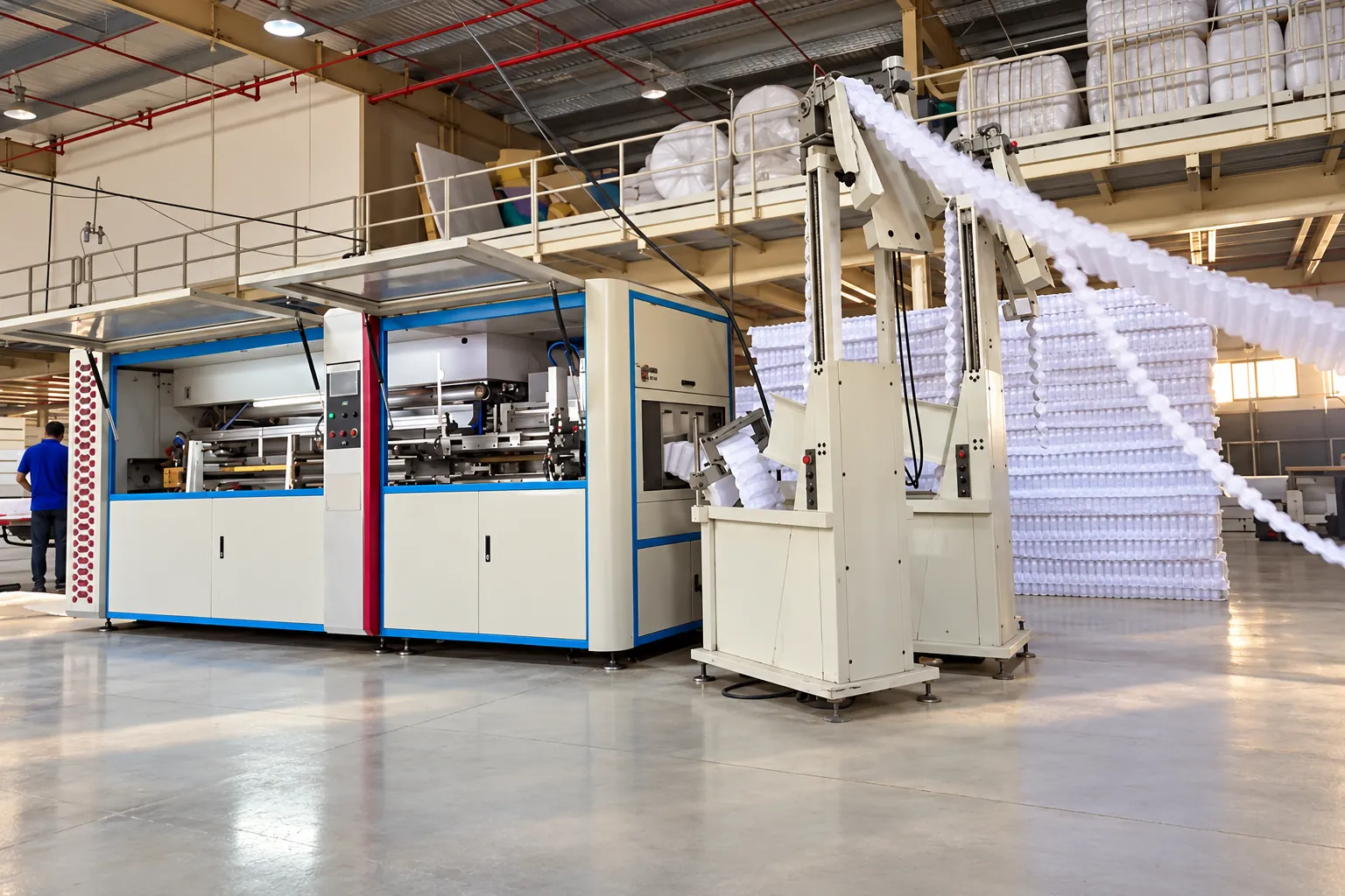 Pocket spring units coming off the spring machine on the SPT bedding line