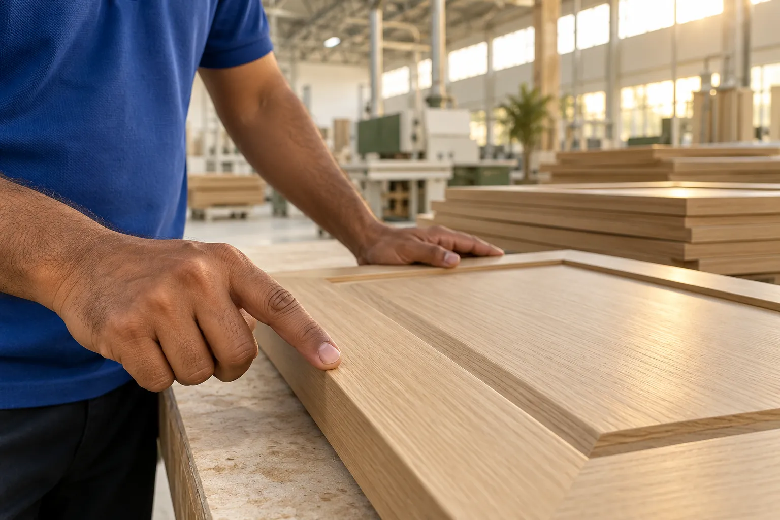 Checking the edge of an oak veneered cabinet door on a joinery bench
