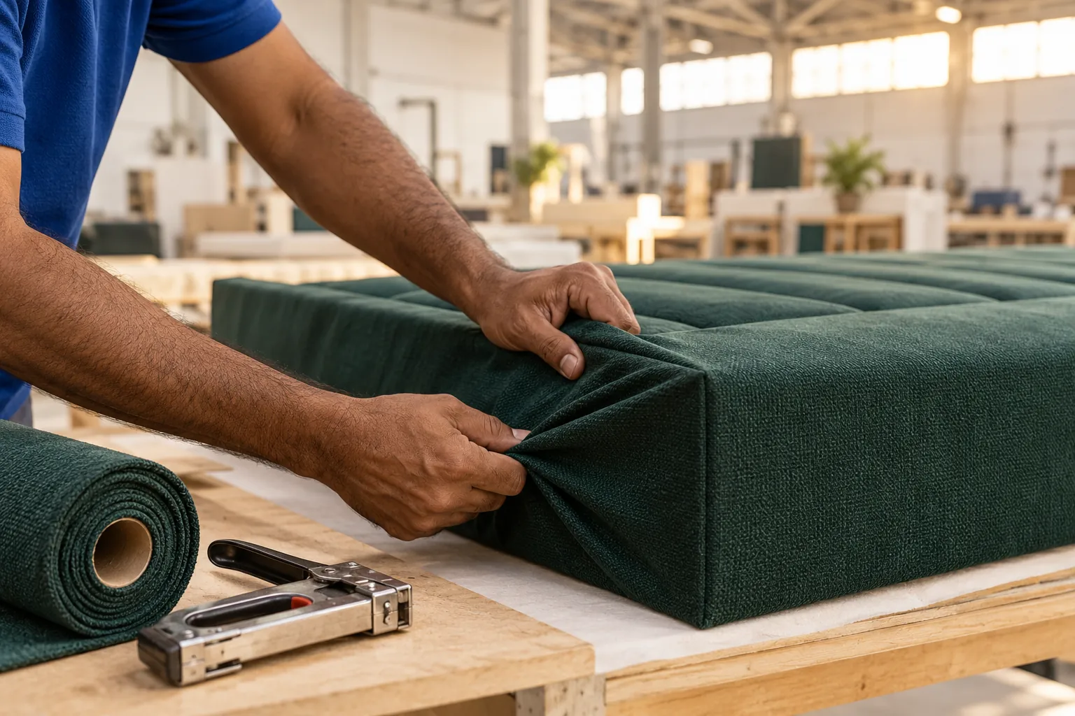 An upholsterer stretching green fabric over a padded headboard panel